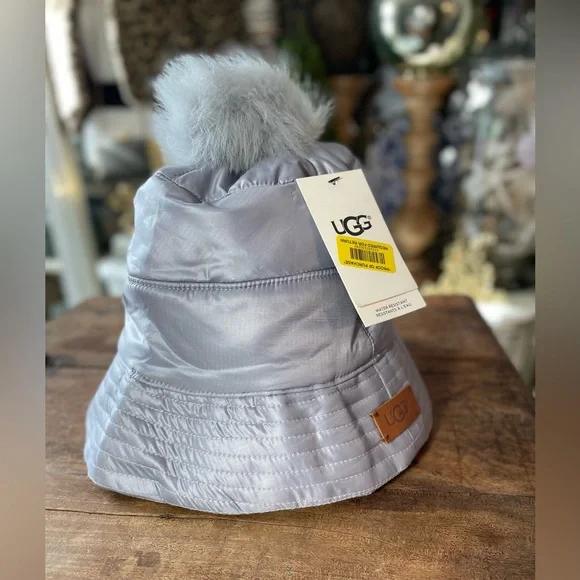 UGG Shiny Silver Bucket Hat with Faux Fur Pom UGG® UGGfluff Scalloped Hat for Women | UGG® main image 4